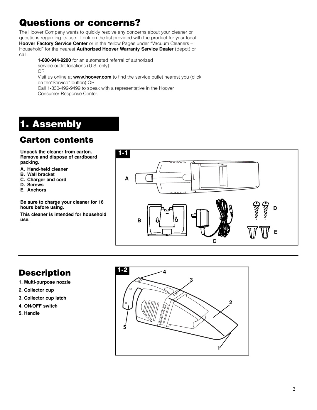 Hoover HandVac owner manual Questions or concerns?, Assembly, Carton contents, Description 