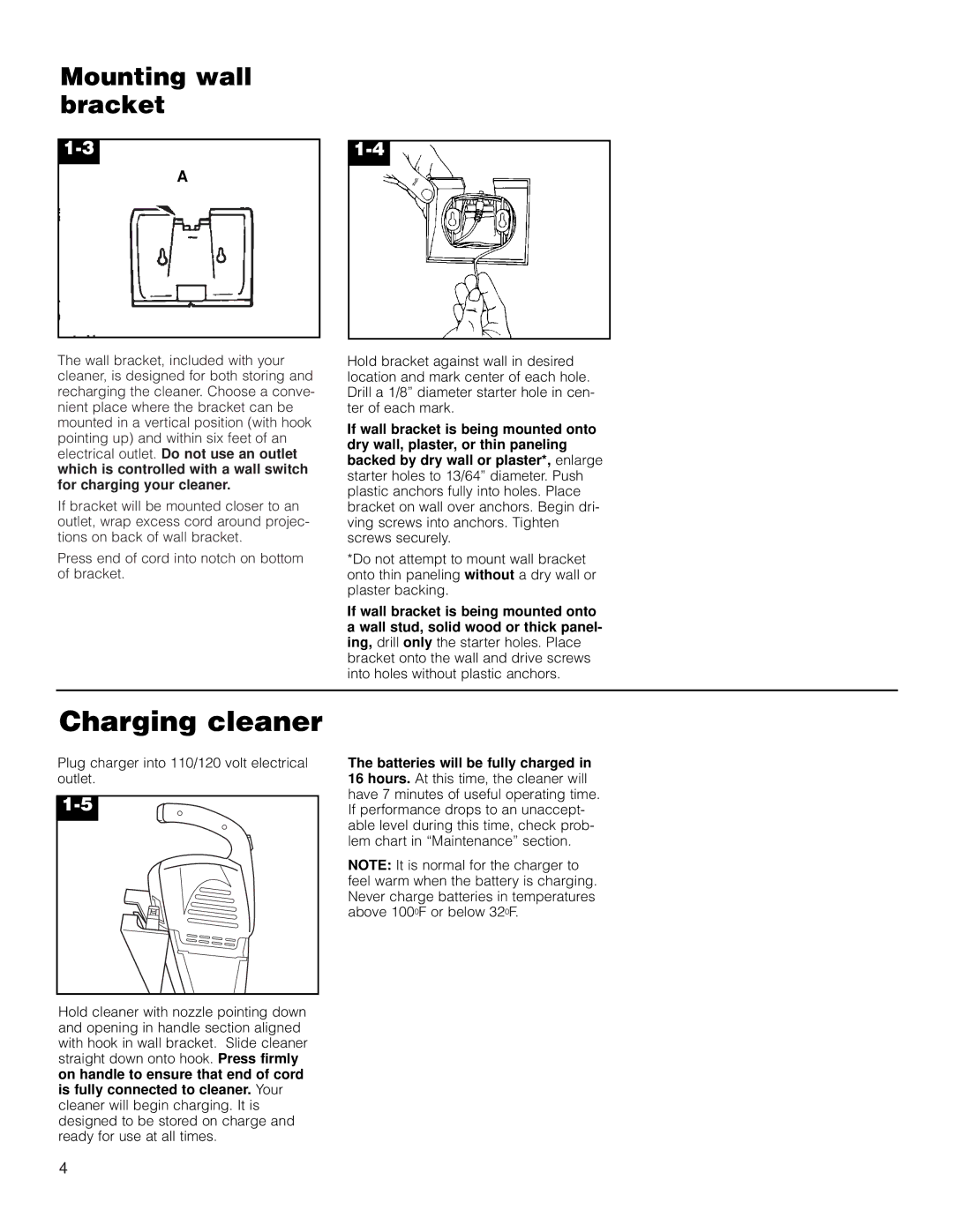 Hoover HandVac owner manual Charging cleaner, Mounting wall bracket 