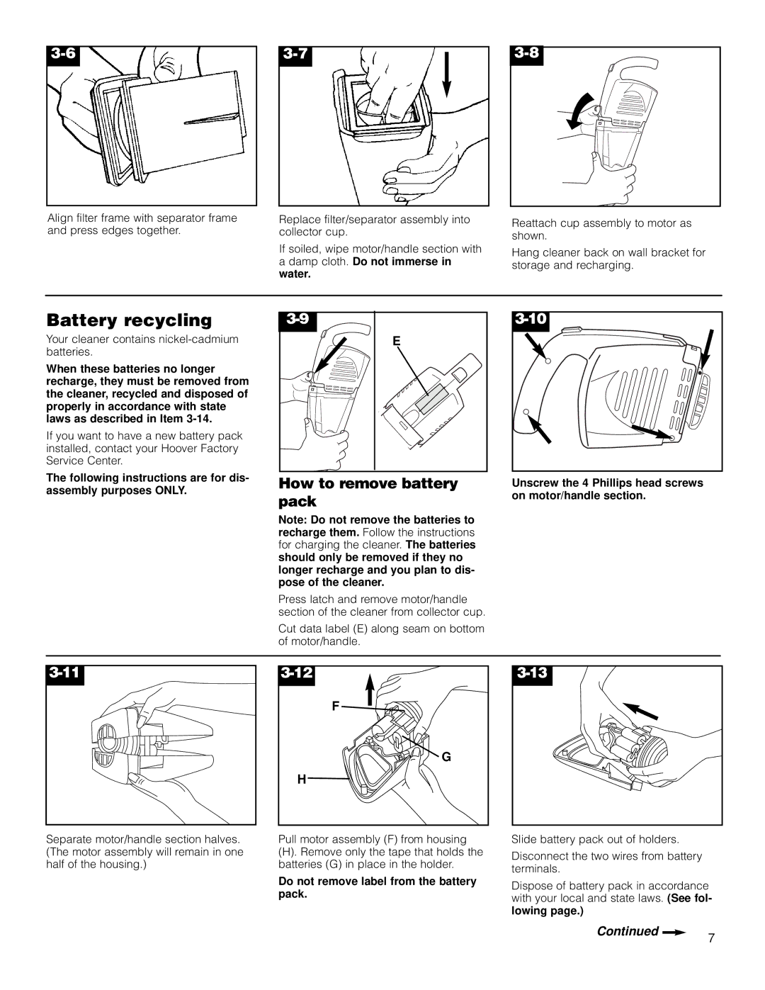 Hoover HandVac owner manual Battery recycling, How to remove battery pack 