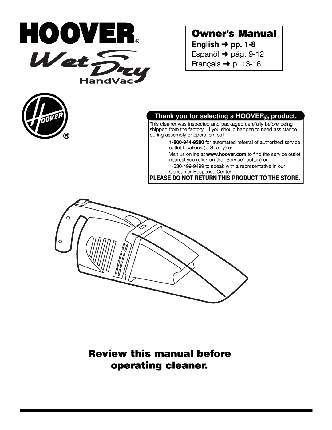 Hoover HandVac owner manual Owner’s Manual, Review this manual before operating cleaner, English pp 