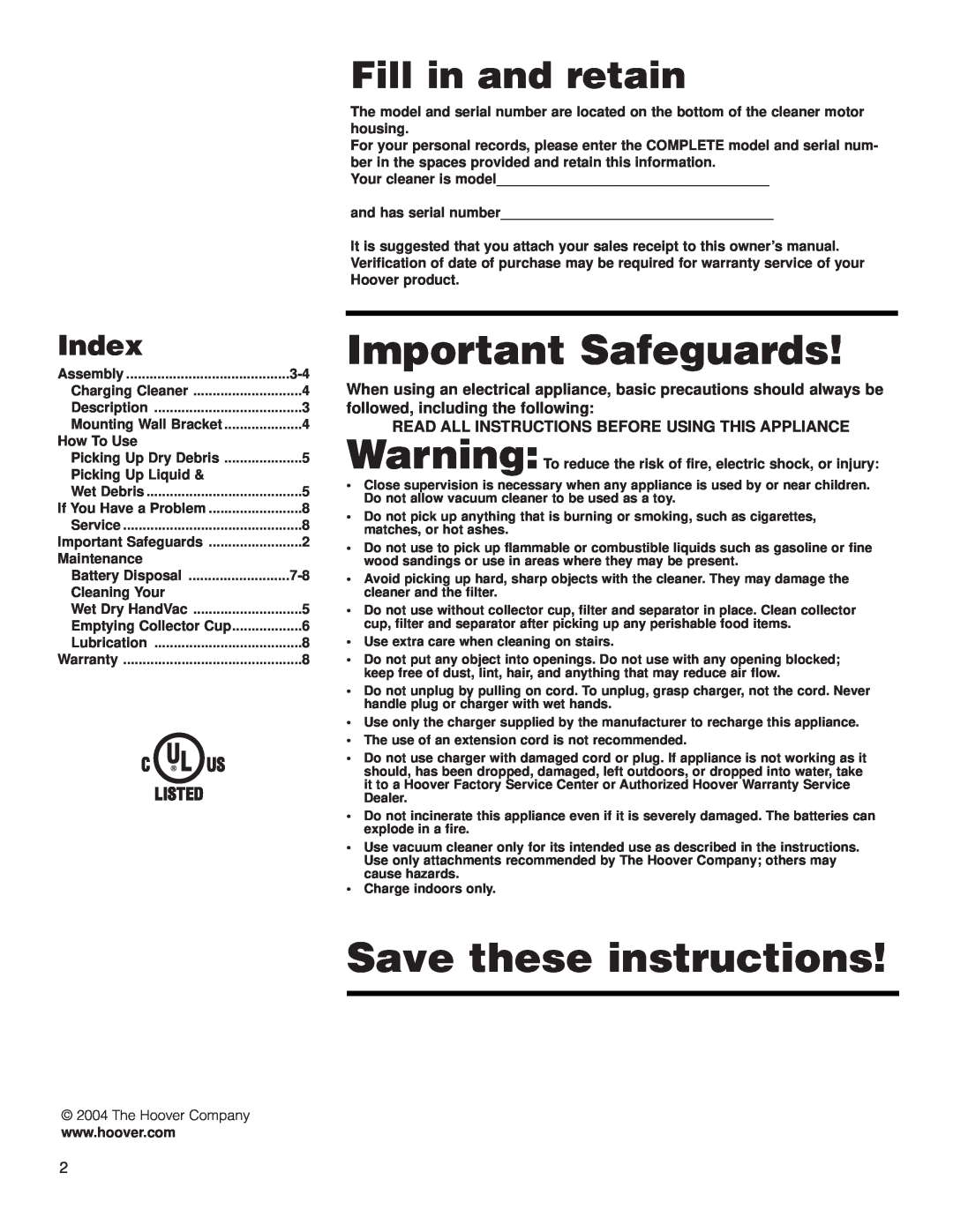 Hoover HandVac owner manual Index, Important Safeguards, Save these instructions, Fill in and retain 