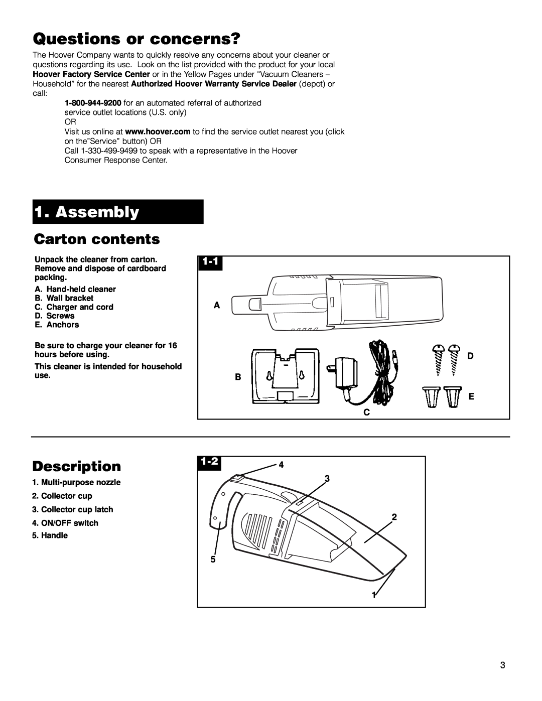 Hoover HandVac owner manual Questions or concerns?, Assembly, Carton contents, Description 