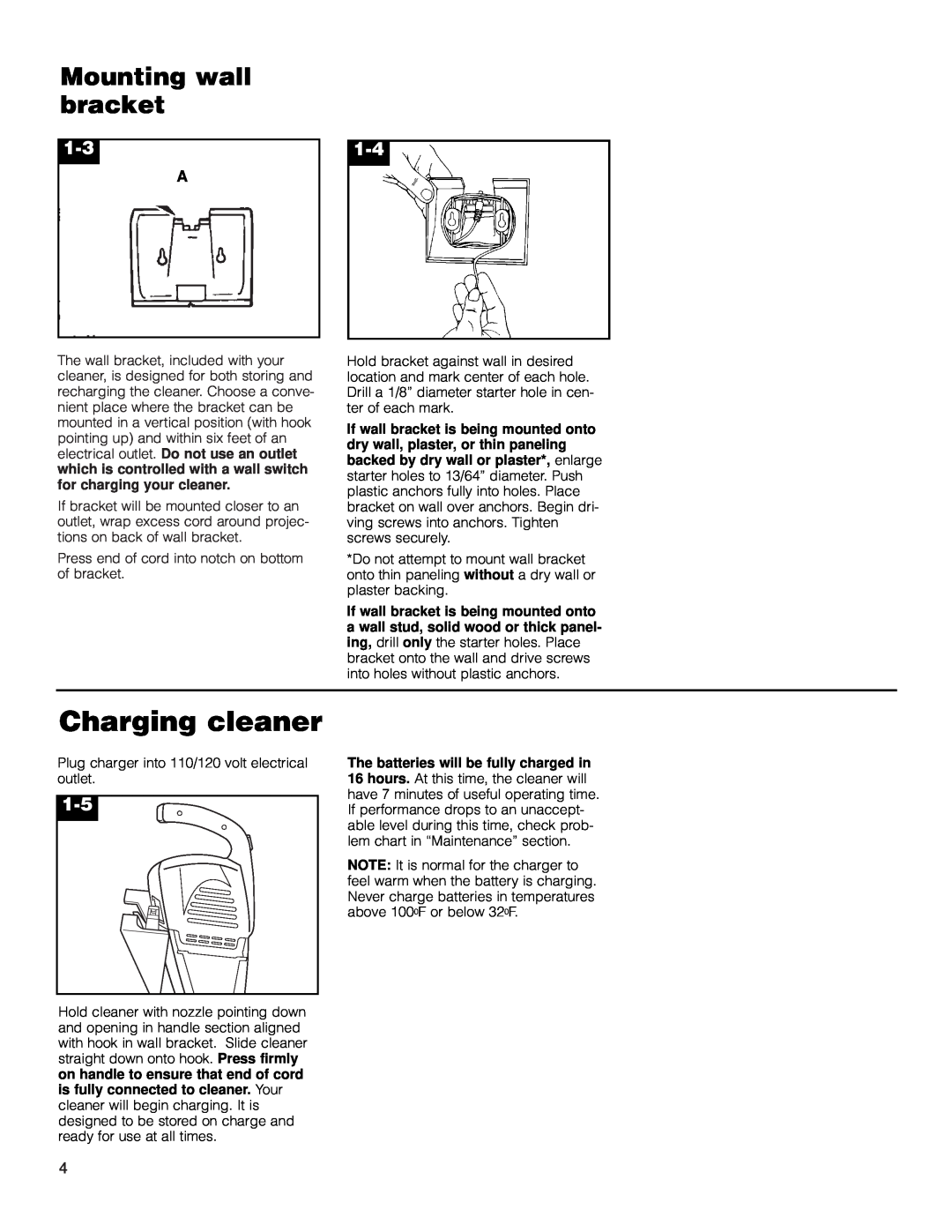 Hoover HandVac owner manual Charging cleaner, Mounting wall bracket 