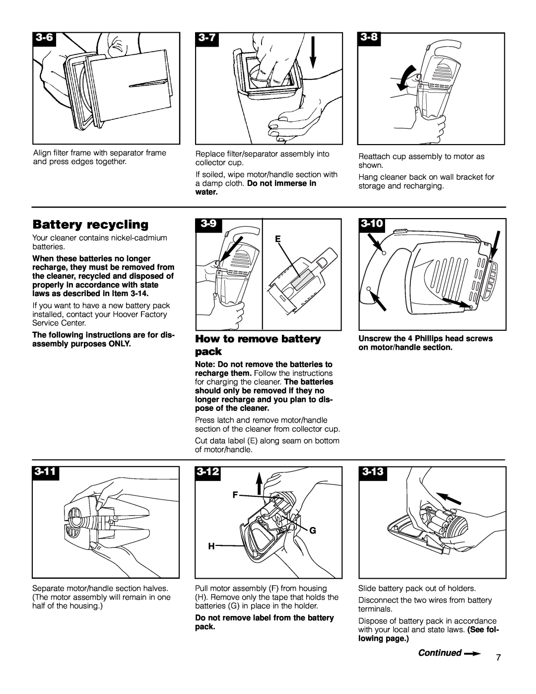 Hoover HandVac owner manual Battery recycling, How to remove battery pack, 3-10, 3-11, 3-12, 3-13, Continued 