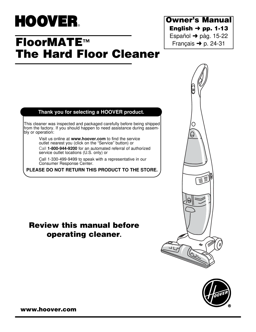 Hoover owner manual FloorMATE Hard Floor Cleaner 