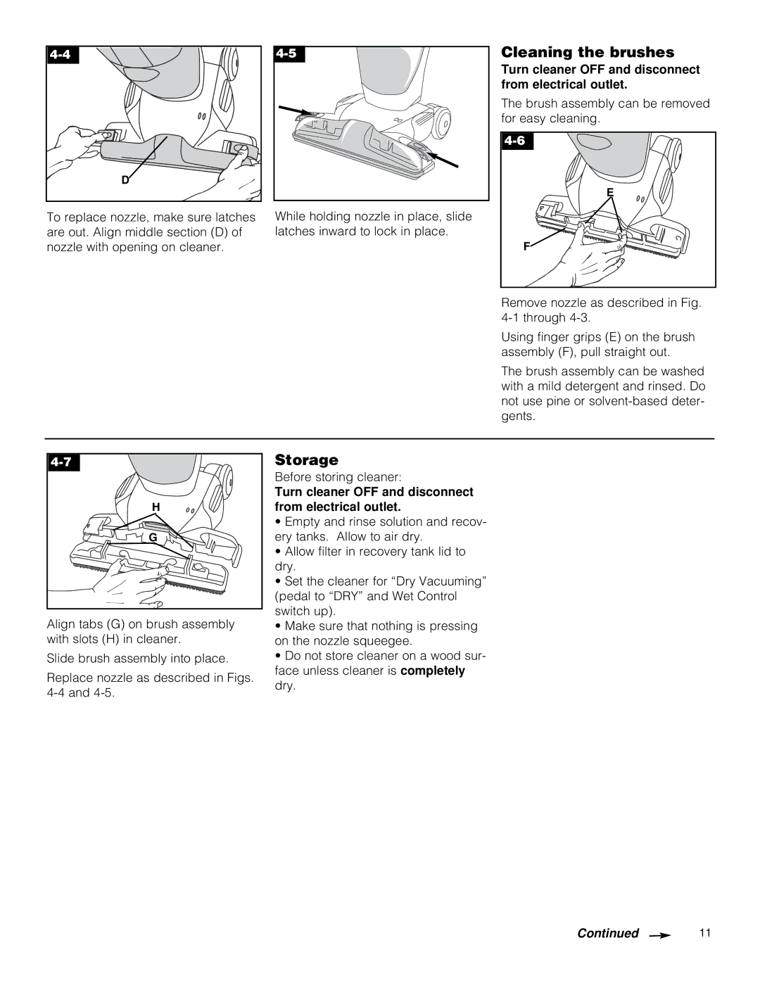 Hoover Hard Floor Cleaner owner manual Cleaning the brushes, Storage 