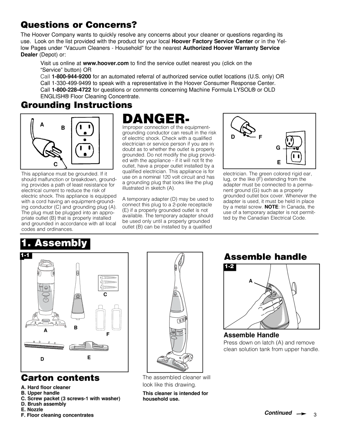 Hoover Hard Floor Cleaner Assembly, Questions or Concerns?, Grounding Instructions, Carton contents, Assemble handle 