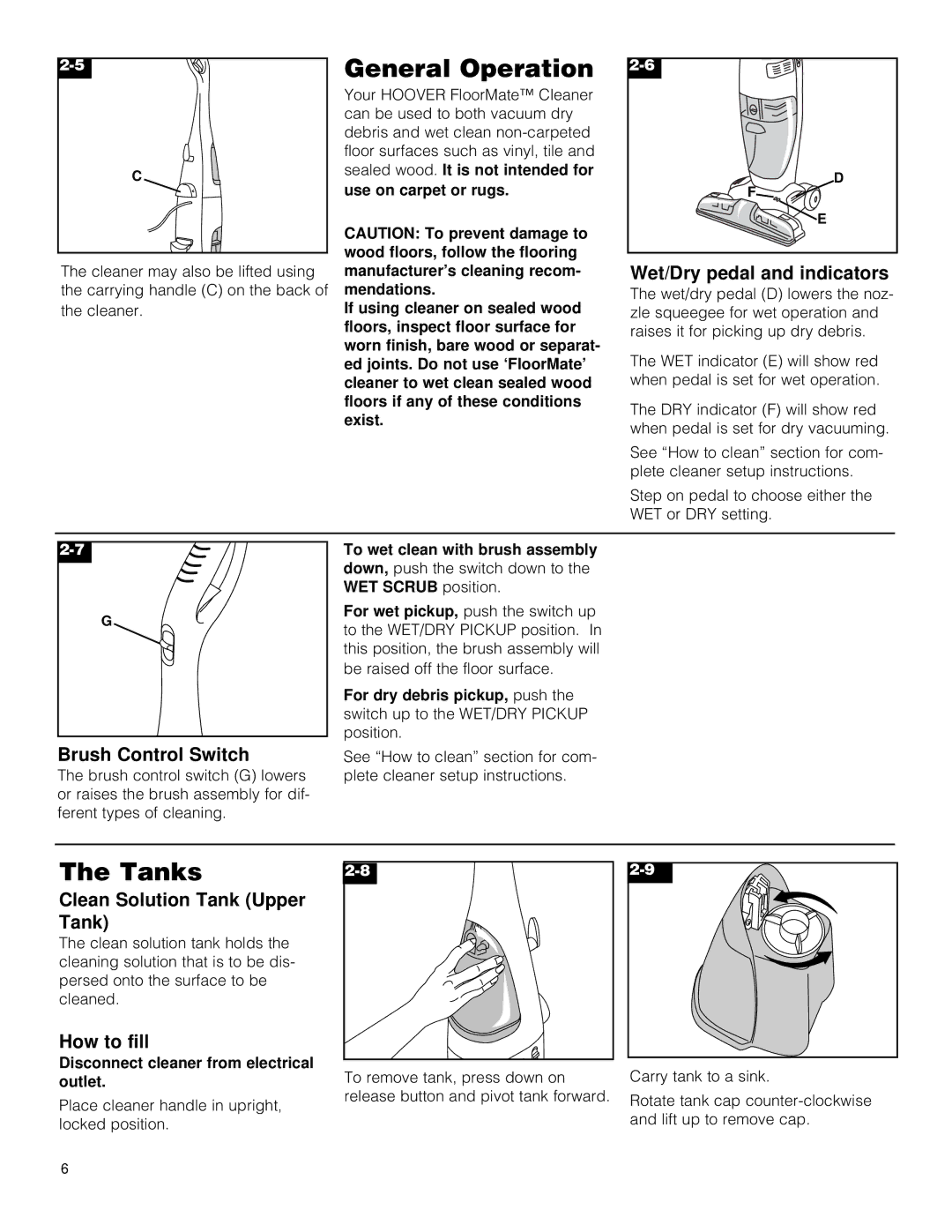 Hoover Hard Floor Cleaner owner manual General Operation, Tanks 