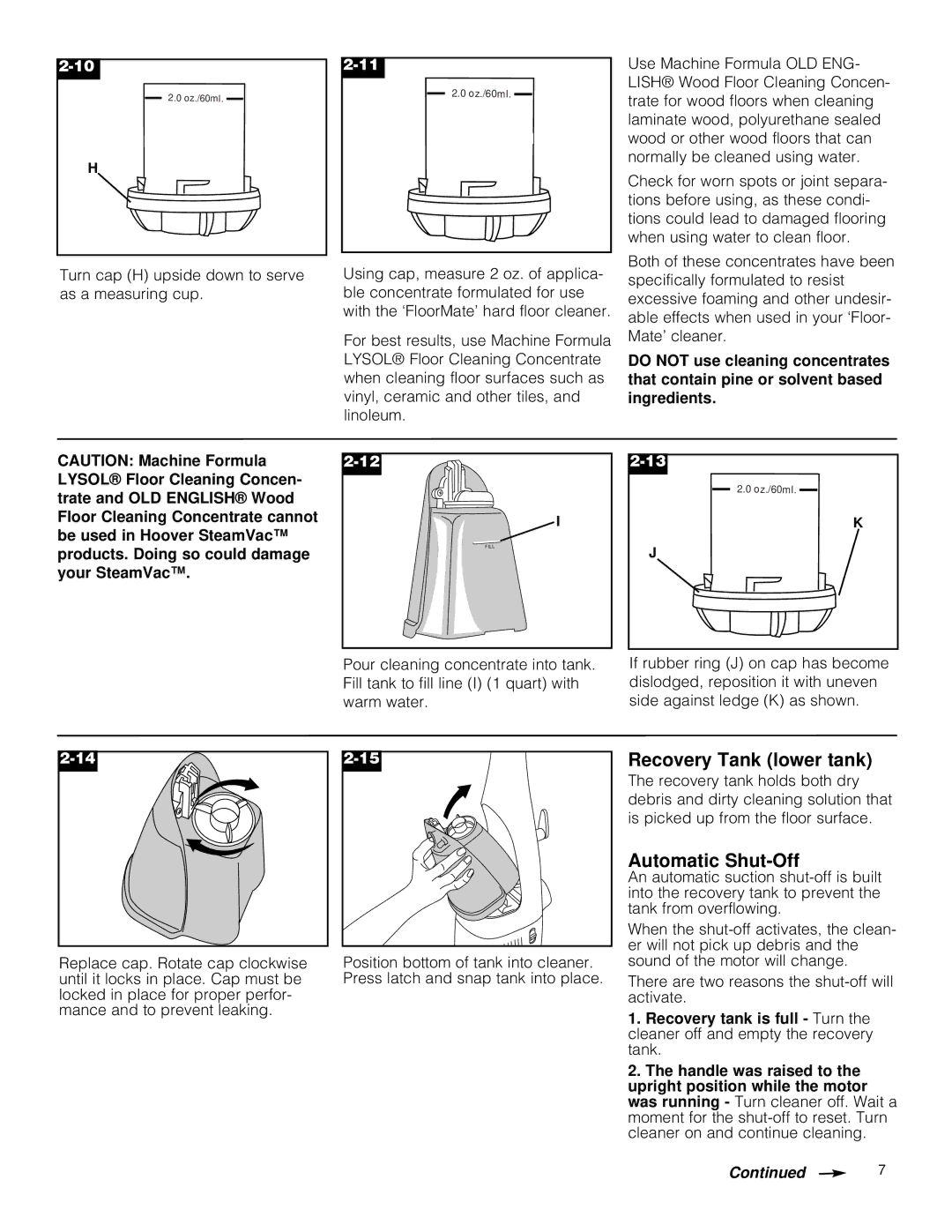 Hoover Hard Floor Cleaner owner manual Recovery Tank lower tank, Automatic Shut-Off 