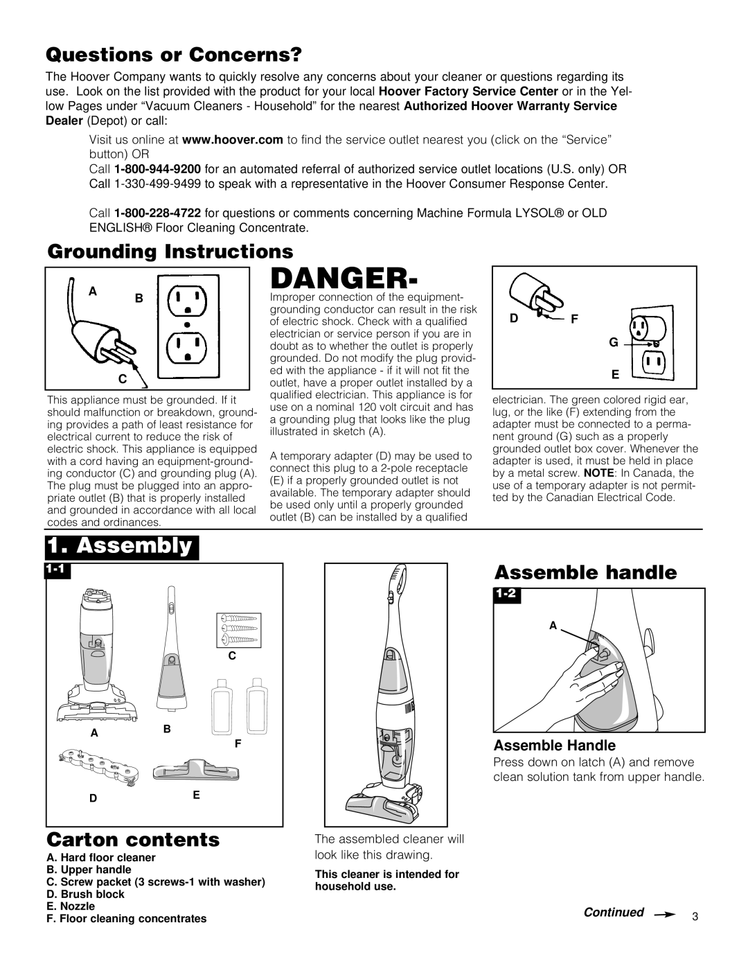 Hoover Hard Floor Cleaner Assembly, Questions or Concerns?, Grounding Instructions, Carton contents, Assemble handle 