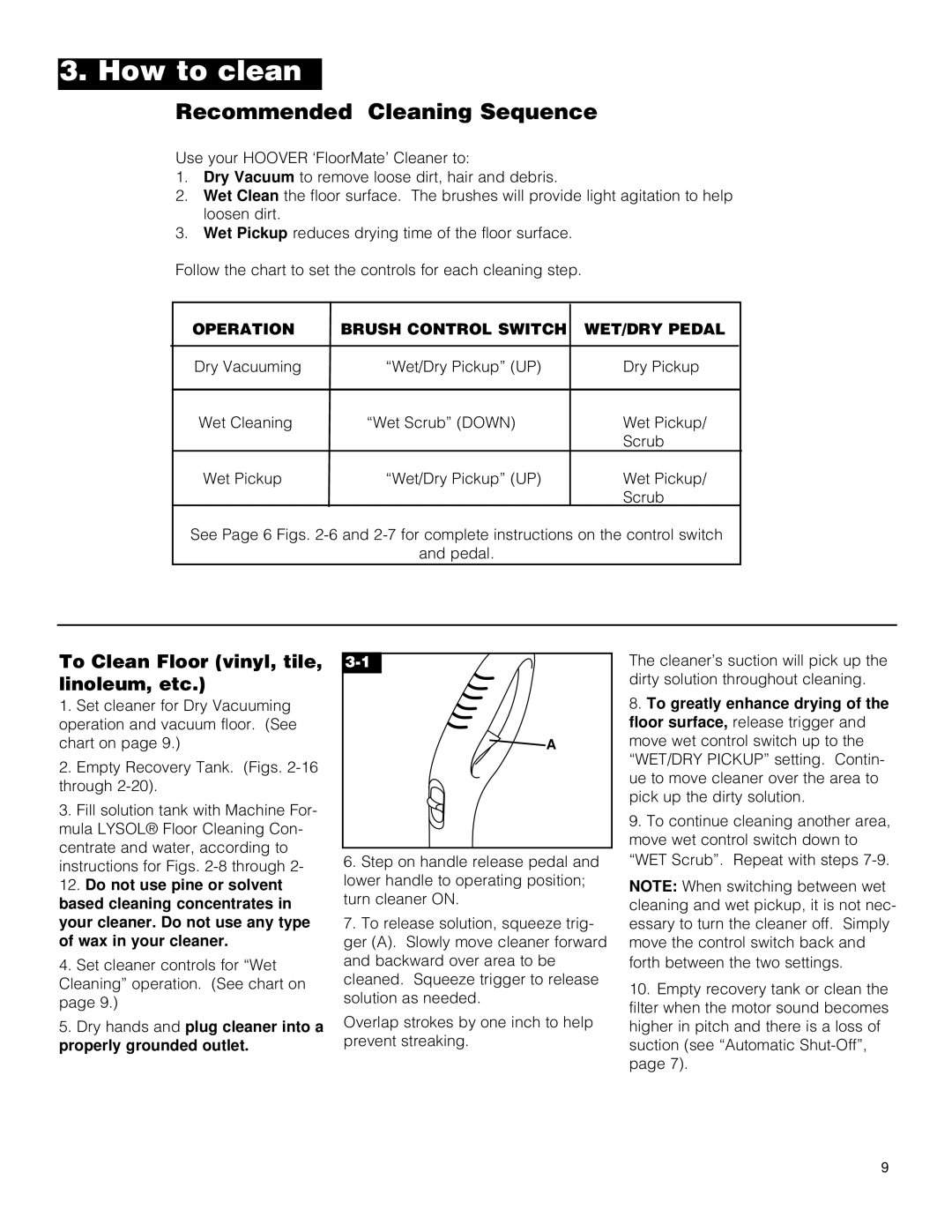 Hoover Hard Floor Cleaner owner manual How to clean, To Clean Floor vinyl, tile, linoleum, etc 