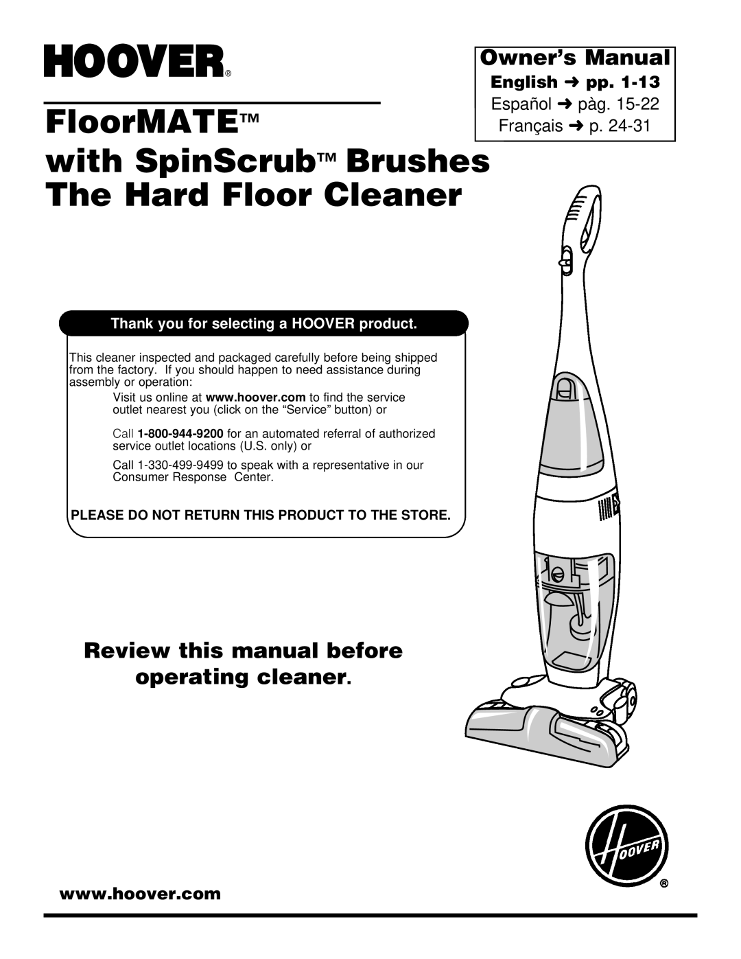 Hoover Hard Floor Cleaner owner manual Review this manual before operating cleaner, FloorMATE 
