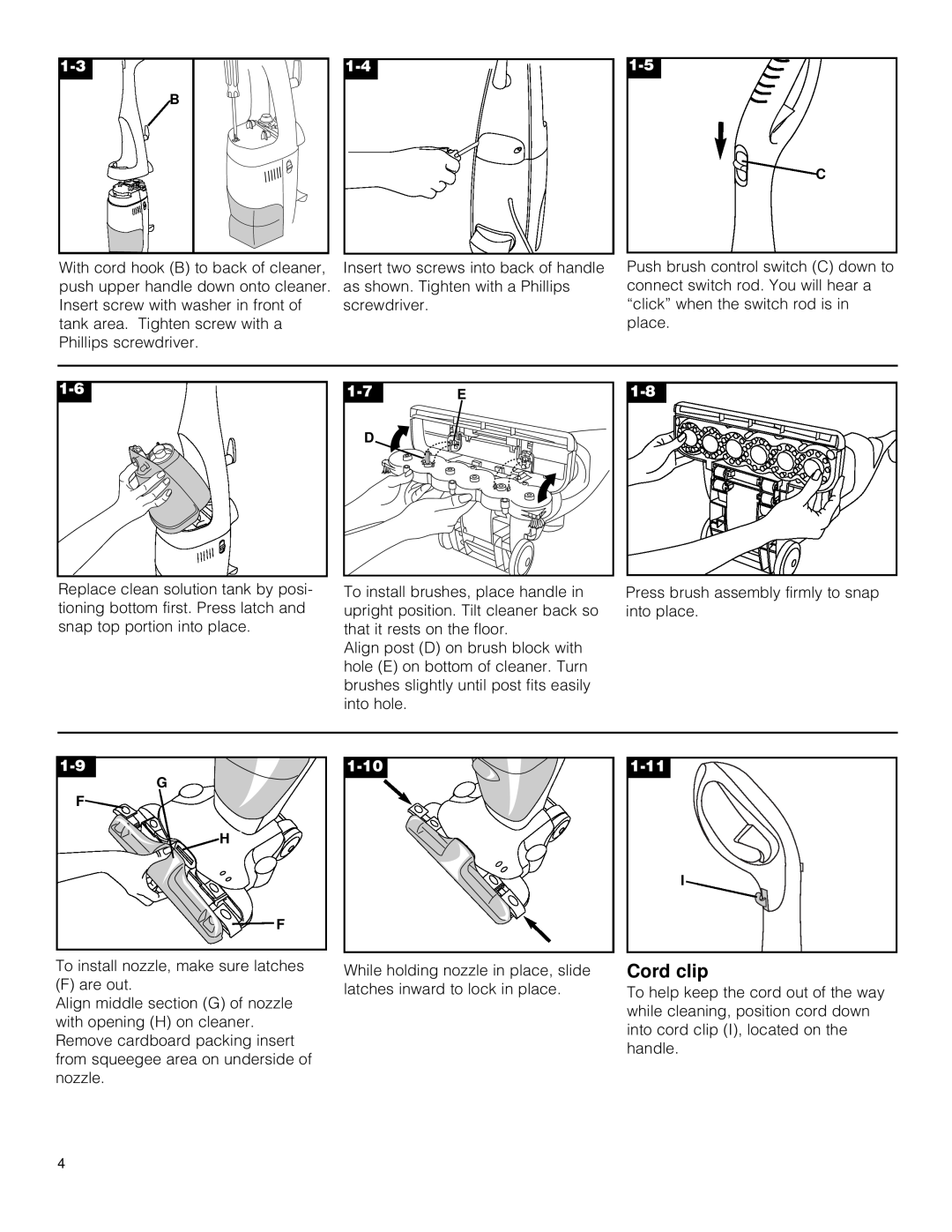 Hoover Hard Floor Cleaner owner manual Cord clip, 1-10, 1-11 