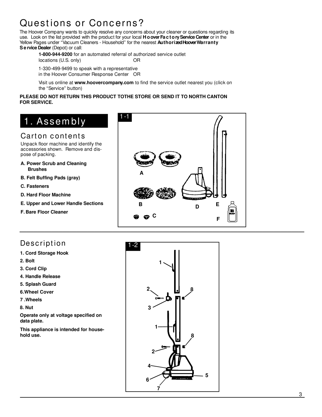 Hoover Hard Floor Machine owner manual Questions or Concerns?, Assembly, Carton contents, Description 