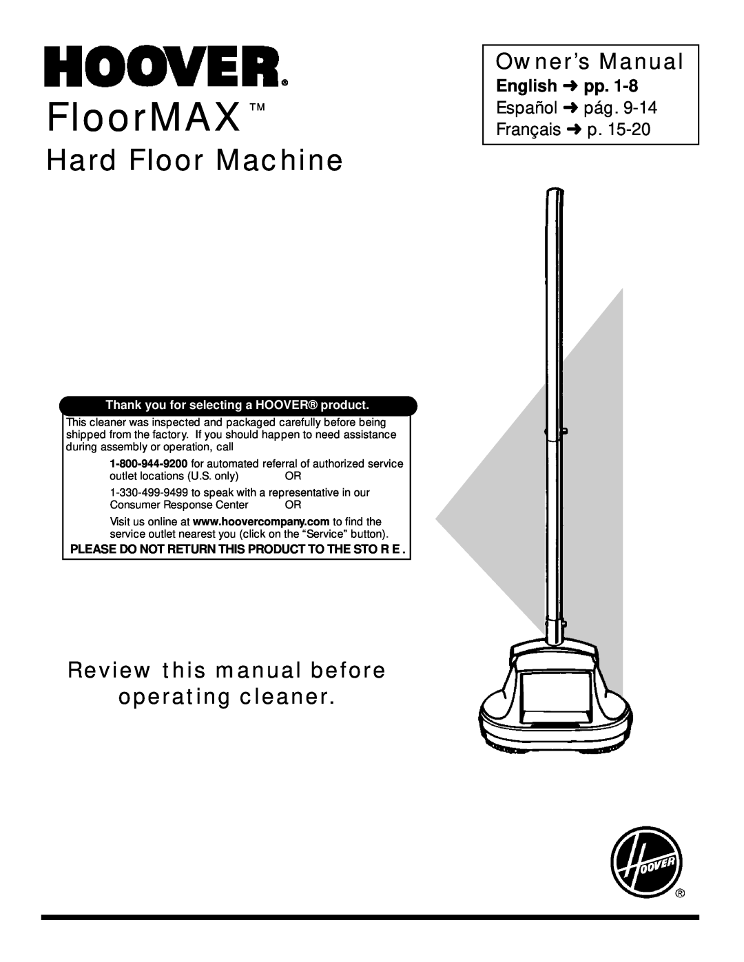 Hoover Hard Floor Machine owner manual Owner’s Manual, Review this manual before operating cleaner, F l o o r M A X TM 