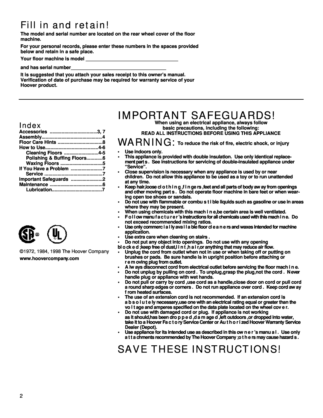 Hoover Hard Floor Machine owner manual Fill in and retain, Index, Important Safeguards, Save These Instructions 