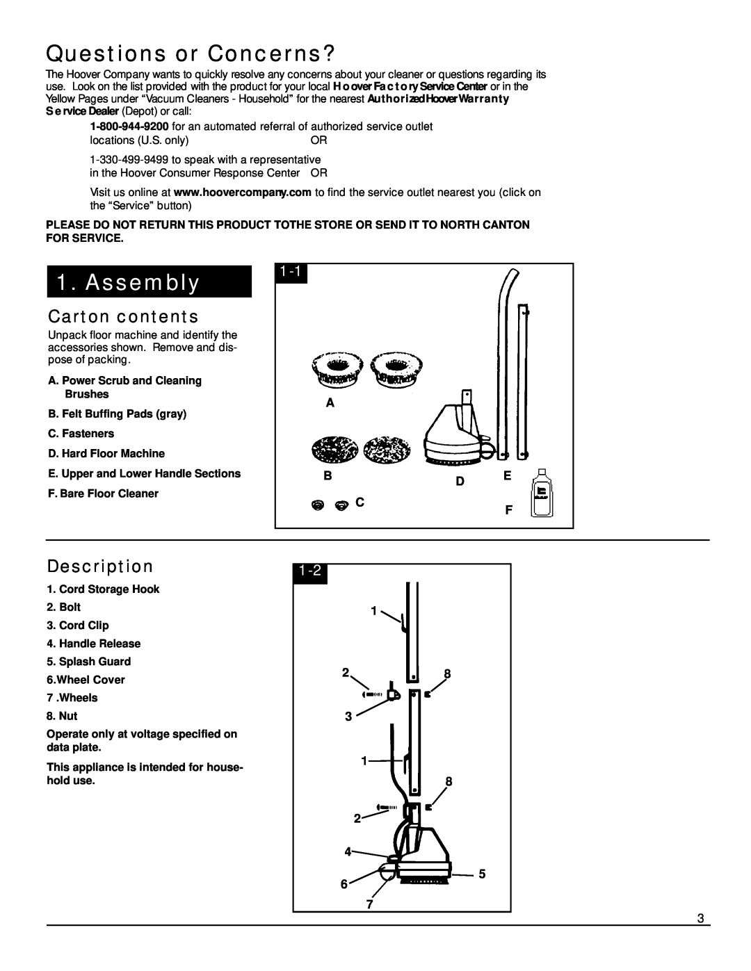 Hoover Hard Floor Machine owner manual Questions or Concerns?, Assembly, Carton contents, Description, A Bd E 