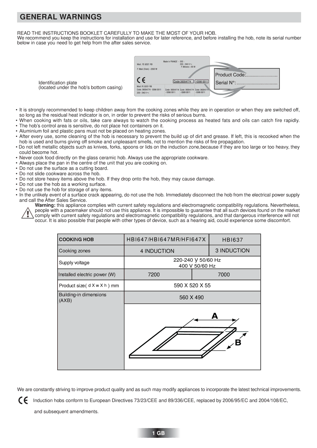 Hoover HBI647MR, HFI647X manual General Warnings, HBI637, 7200 7000, 590 X 520 X 560 X 