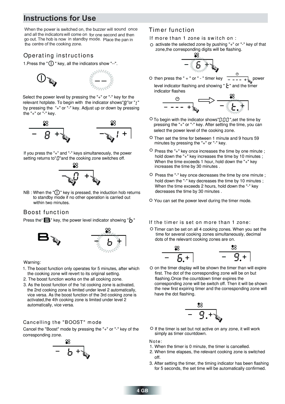 Hoover HBI637, HBI647MR, HFI647X manual Operating instructions, Timer function, Boost function 