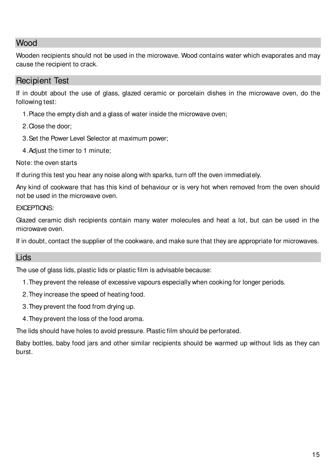 Hoover HBM 205 X operation manual Wood, Recipient Test, Lids 