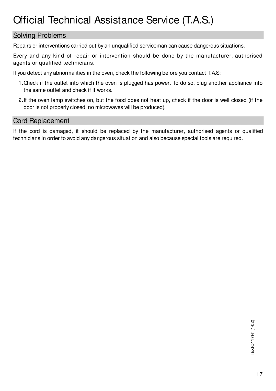 Hoover HBM 205 X operation manual Official Technical Assistance Service T.A.S, Solving Problems, Cord Replacement 