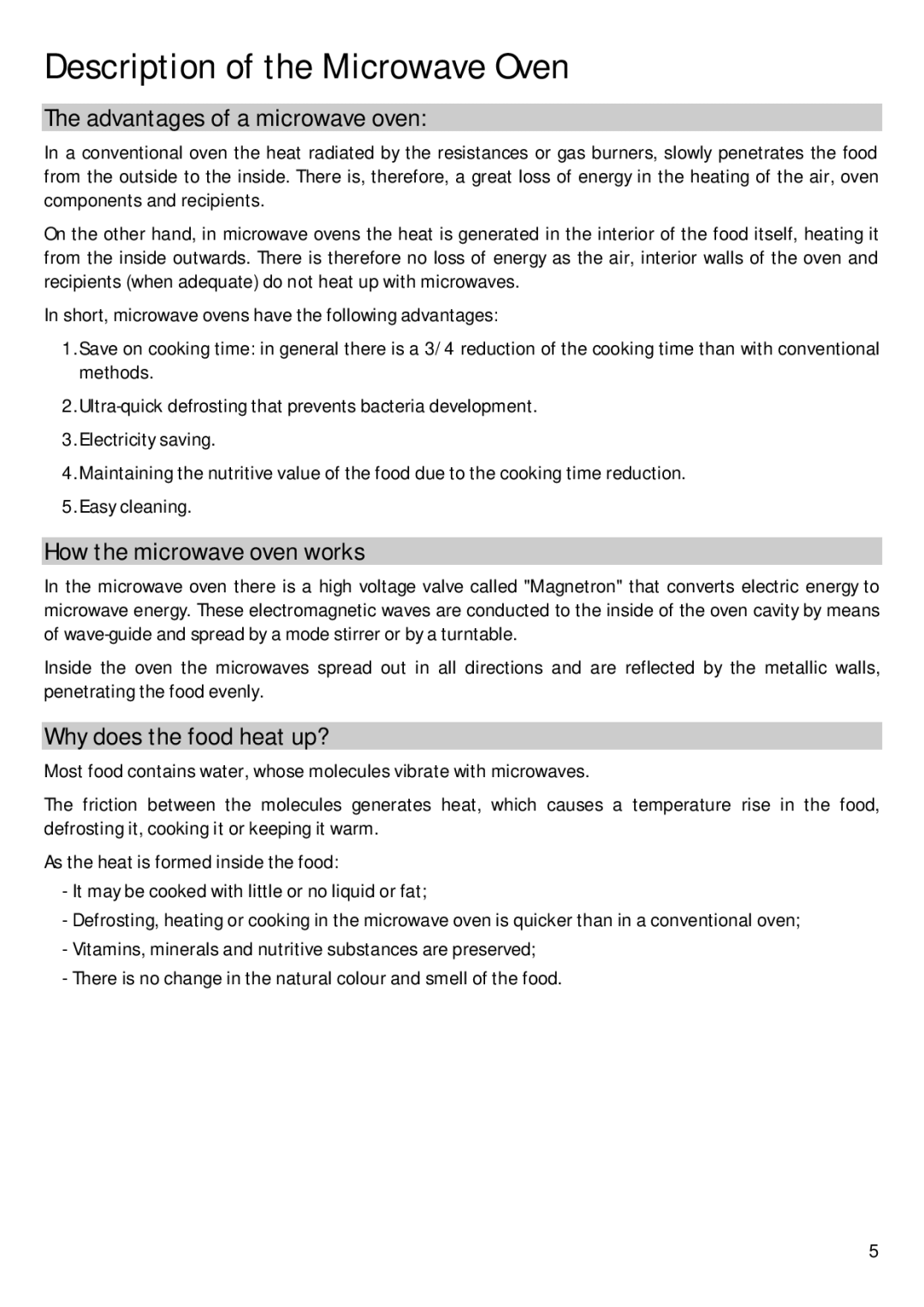 Hoover HBM 205 X Description of the Microwave Oven, Advantages of a microwave oven, How the microwave oven works 