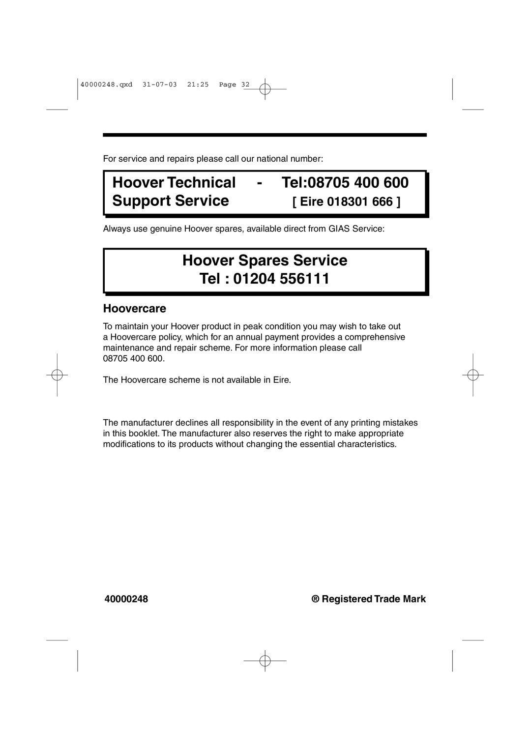 Hoover HC6 150M, HC6 145M manual Hoovercare, Registered Trade Mark 