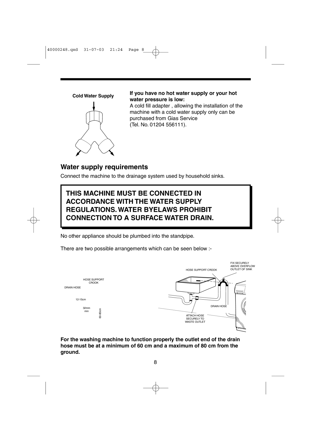 Hoover HC6 150M, HC6 145M manual Water supply requirements 