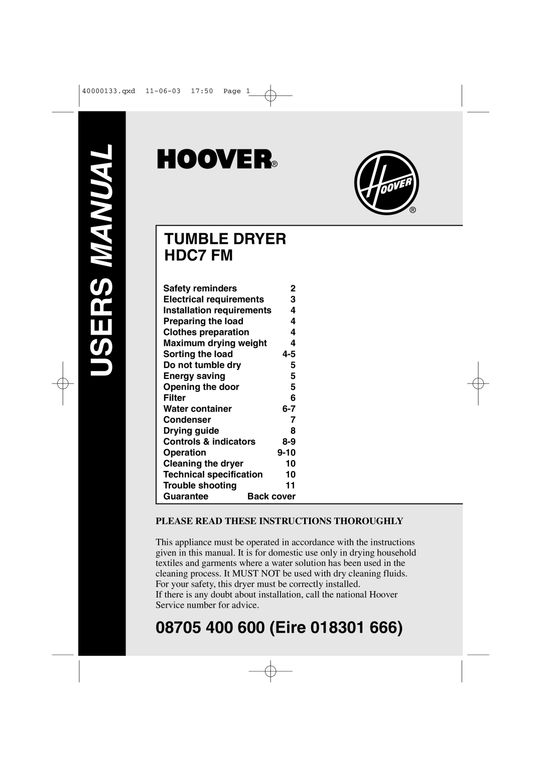 Hoover HDC7 FM user manual 08705 400 600 Eire 018301 