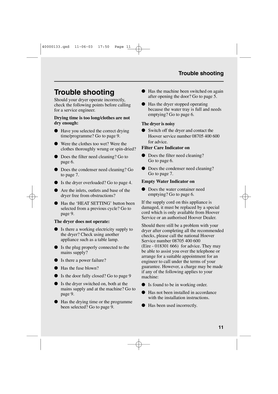 Hoover HDC7 FM user manual Trouble shooting 