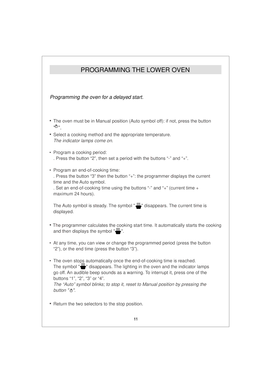 Hoover HDO 885, HDO 889 manual Programming the oven for a delayed start 