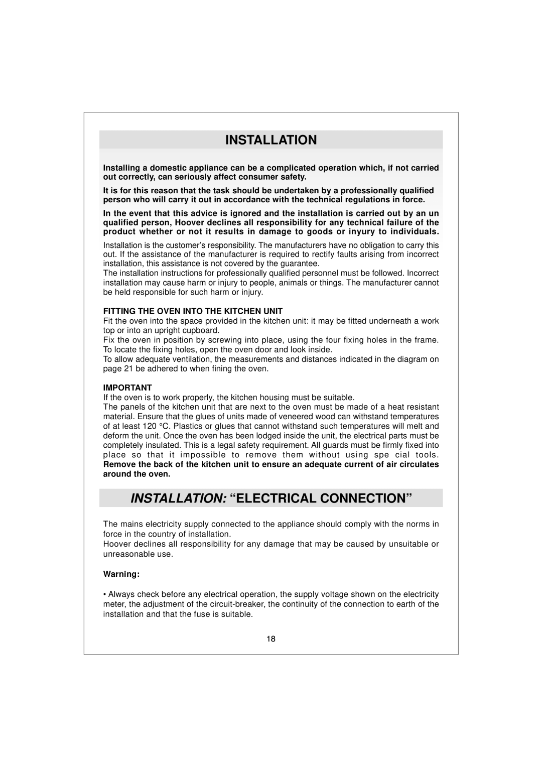 Hoover HDO 889, HDO 885 manual Installation Electrical Connection 