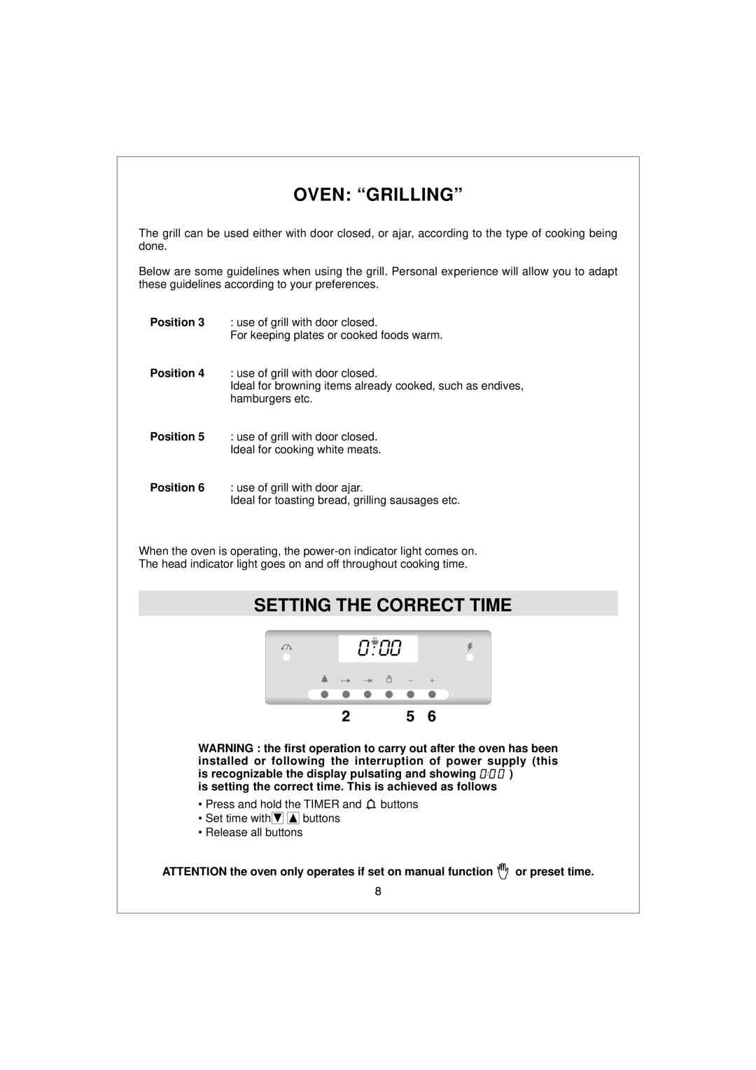 Hoover HDO 889, HDO 885 manual Oven Grilling, Setting the Correct Time 