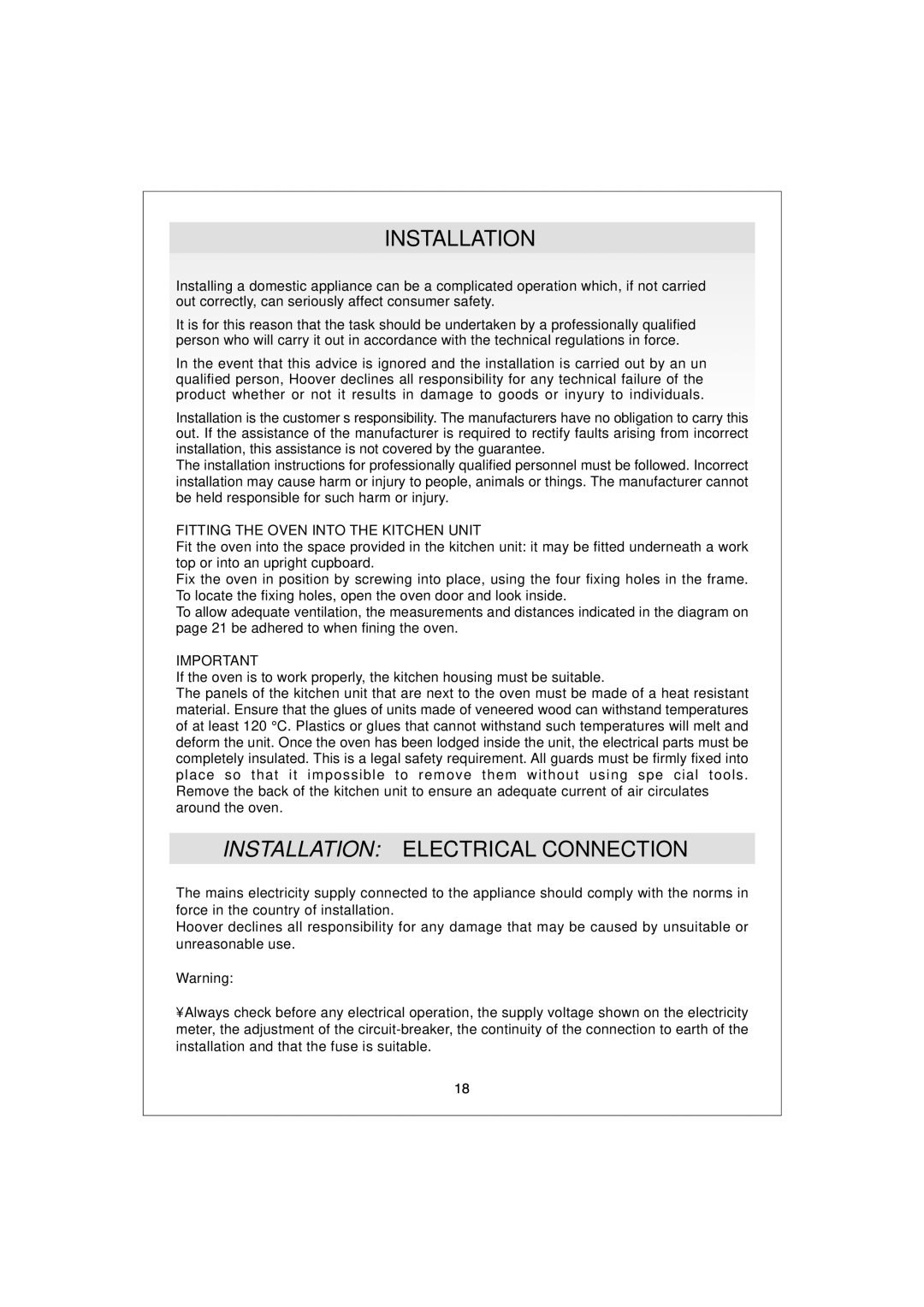 Hoover HDO 889, HDO 885 manual Installation Electrical Connection 