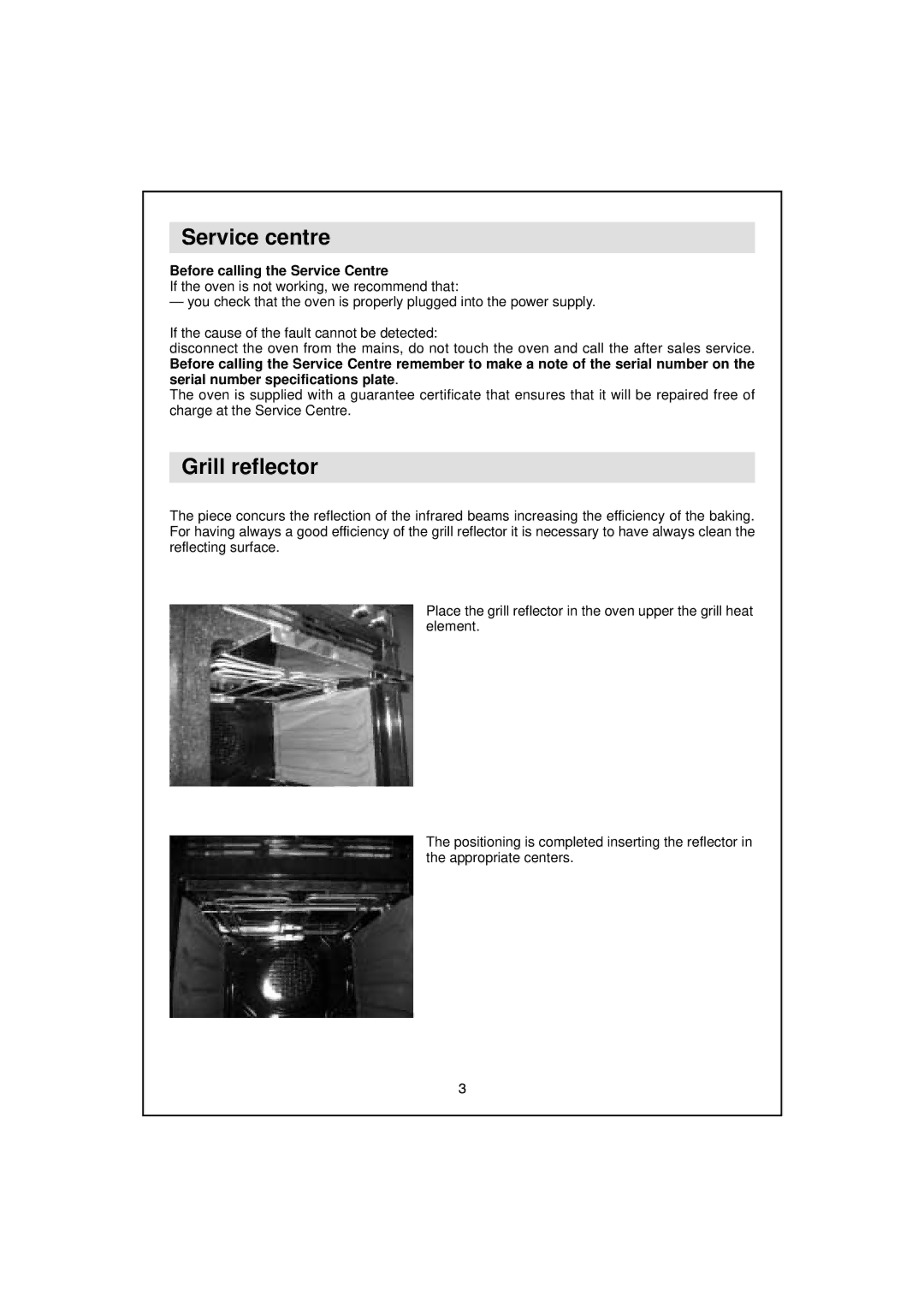 Hoover HDO 885, HDO 889 manual Service centre, Grill reflector, Before calling the Service Centre 