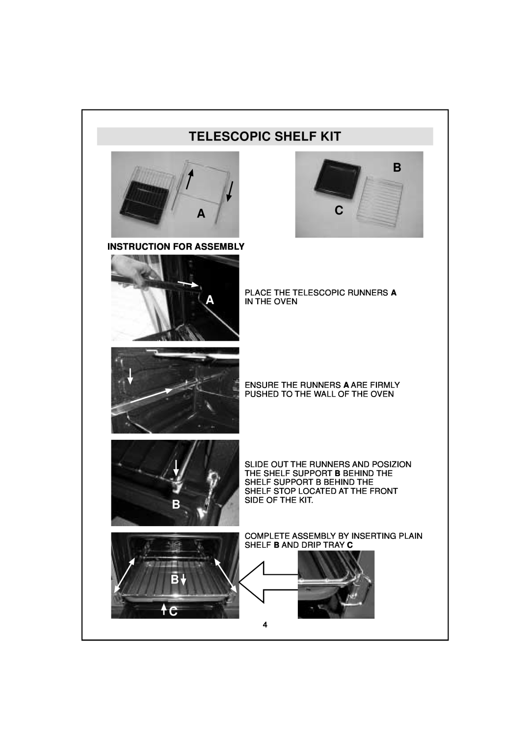 Hoover HDO 889, HDO 885 manual Telescopic Shelf Kit, Instruction For Assembly, B Ac, B B C 