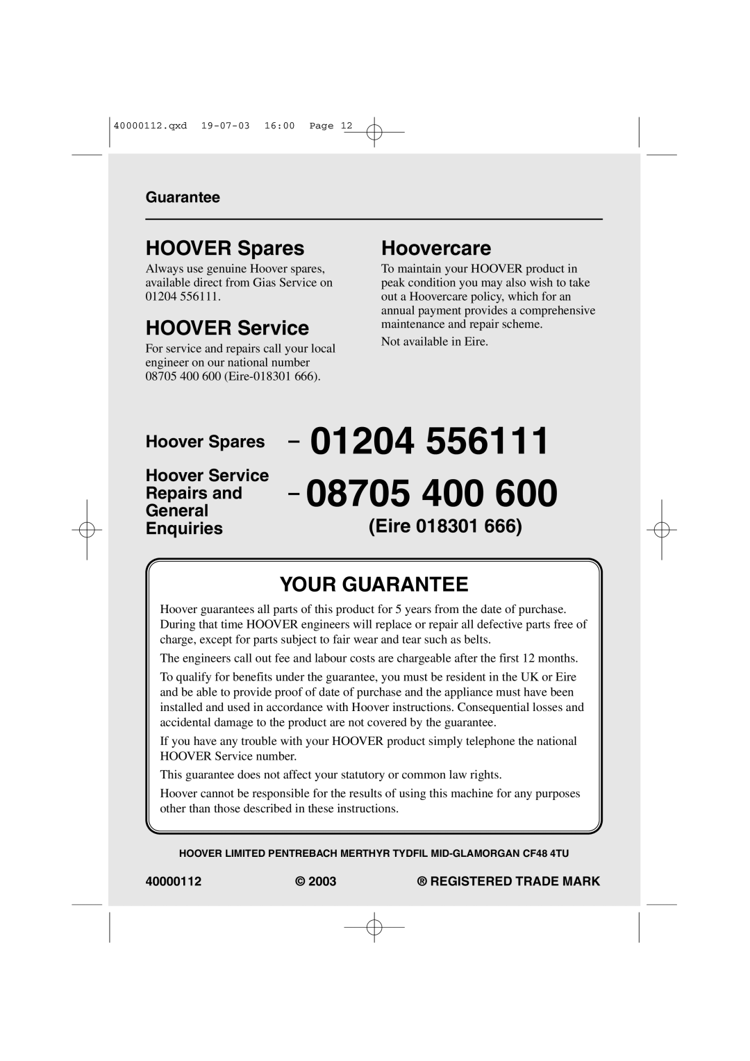 Hoover HDV6 user manual Hoover Spares, Hoover Service, Hoovercare 