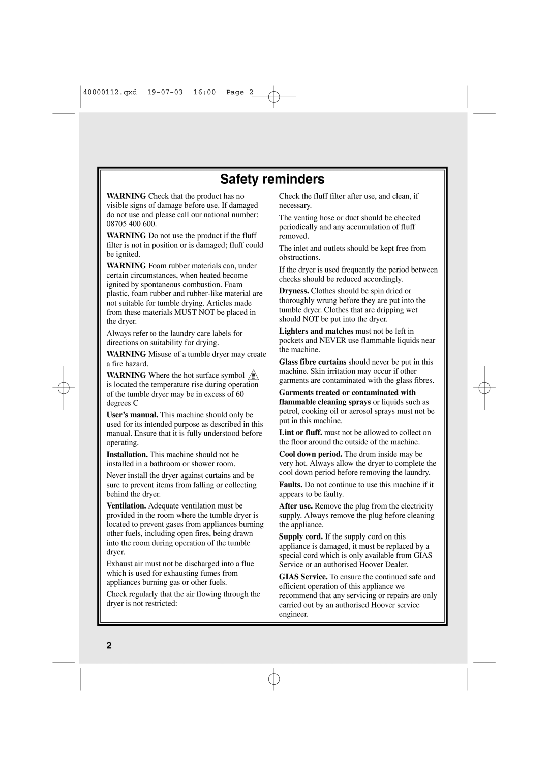 Hoover HDV6 user manual Safety reminders 