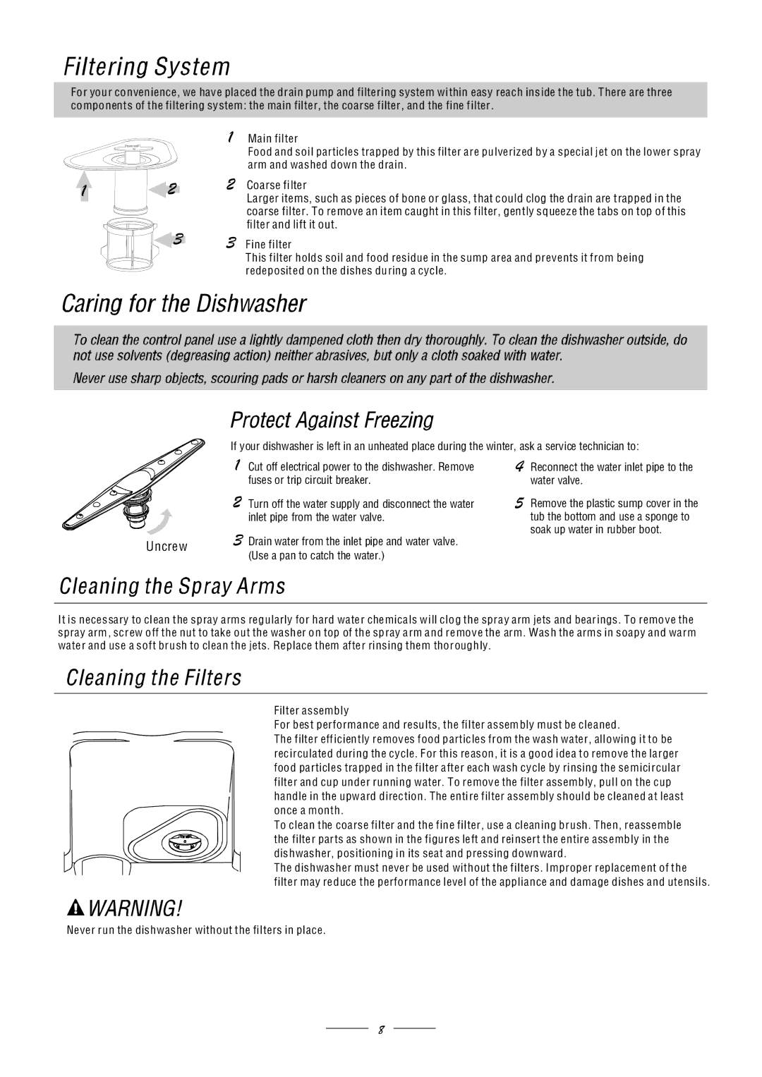 Hoover HED 6612-80 manual Uncrew, Never run the dishwasher without the filters in place 