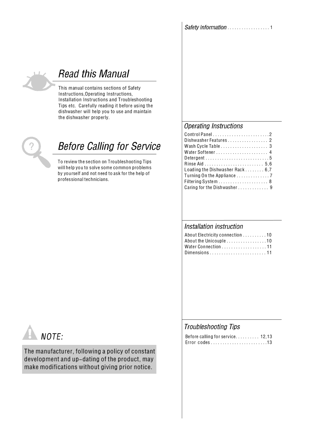 Hoover HEDS 988 manual Before calling for service ,13 Error codes 