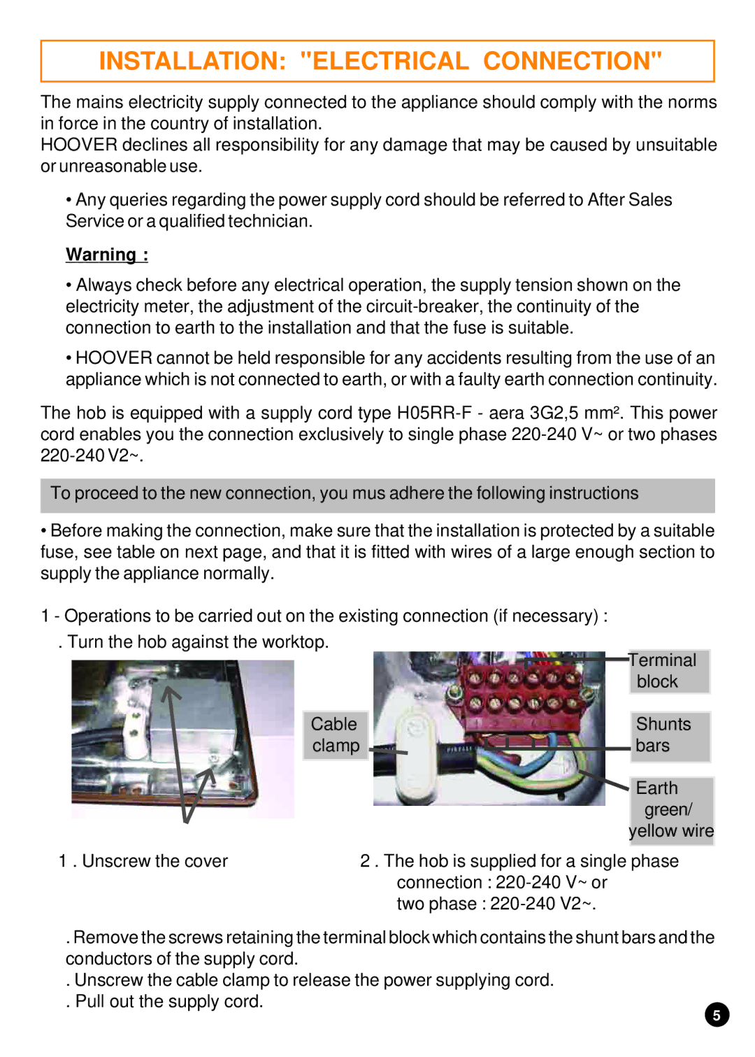 Hoover HEH 604 manual Installation Electrical Connection 