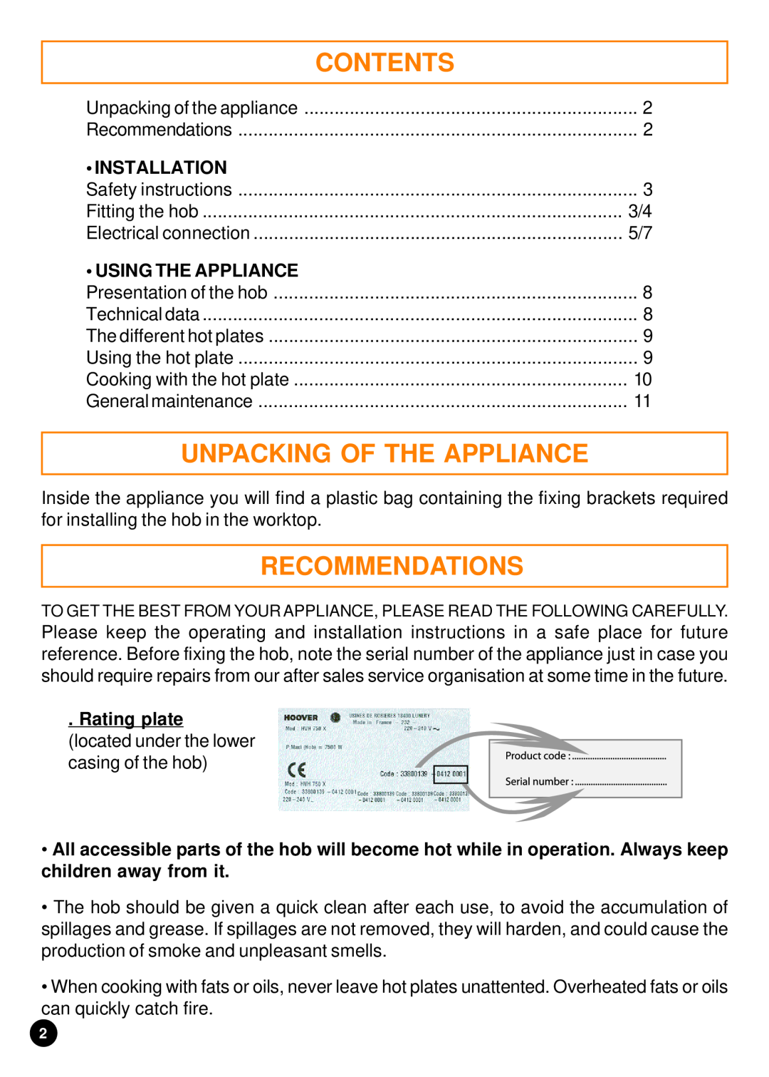 Hoover HEH 604 manual Contents, Unpacking Of The Appliance, Recommendations, Installation, Using The Appliance 