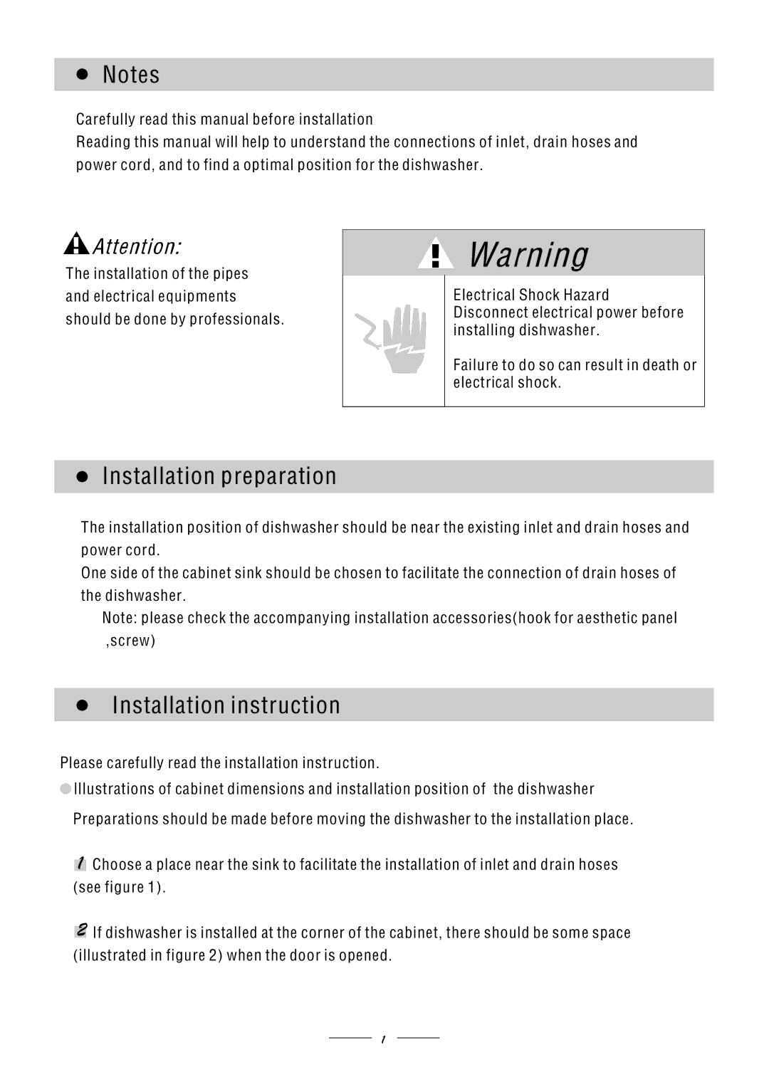 Hoover HF155-80 manual Installation preparation, Installation instruction 