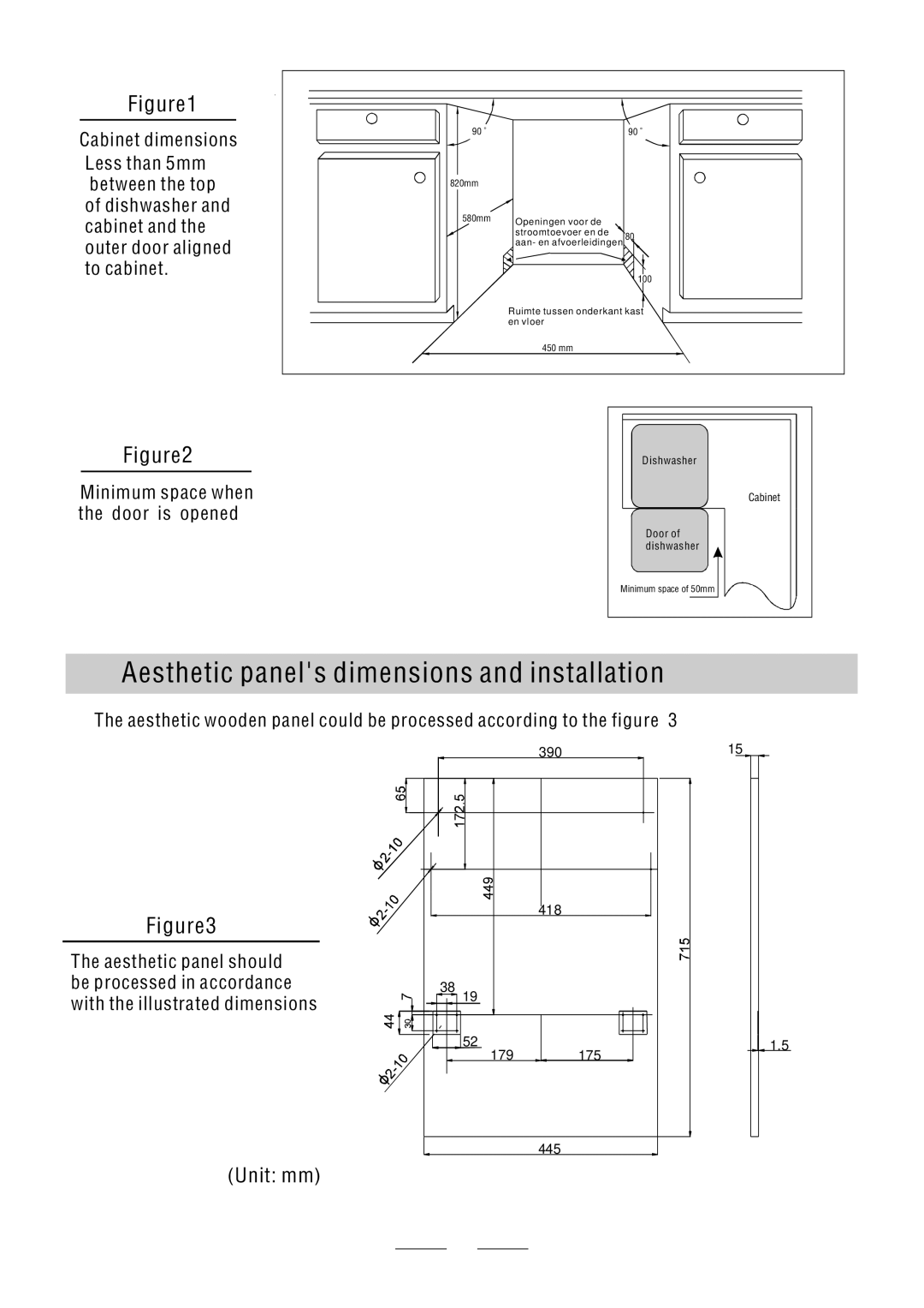 Hoover HF155-80 manual Aesthetic panels dimensions and installation, 390 418 175 179 445 