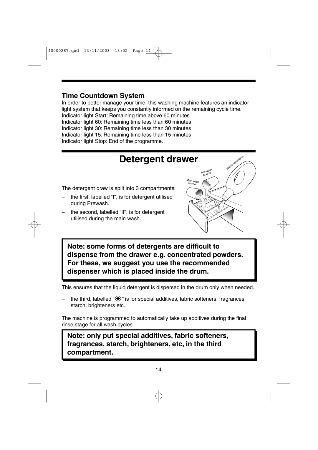 Hoover HF7 160E manual Detergent drawer, Time Countdown System 