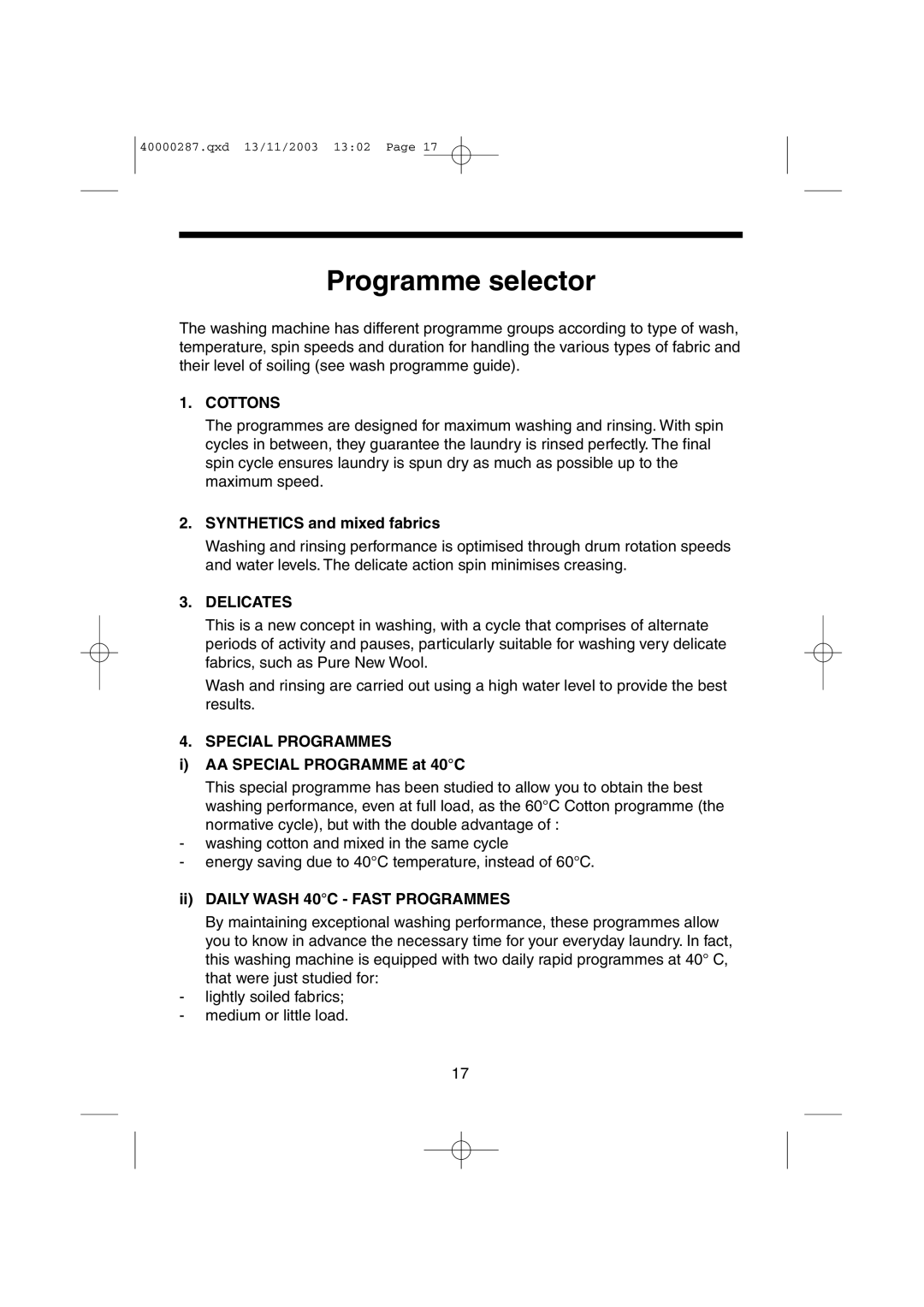 Hoover HF7 160E manual Programme selector, Synthetics and mixed fabrics, AA Special Programme at 40C 