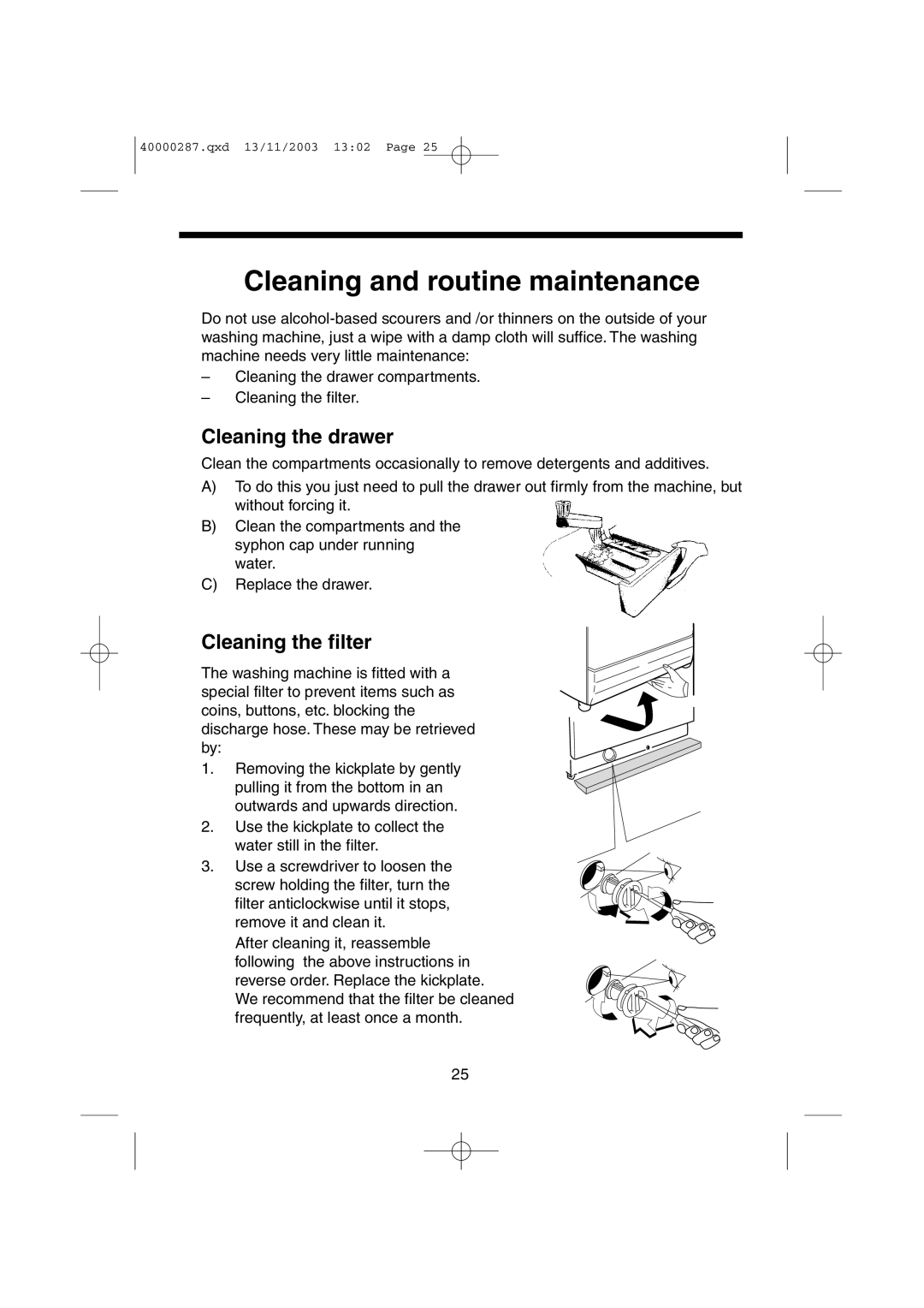 Hoover HF7 160E manual Cleaning and routine maintenance, Cleaning the drawer, Cleaning the filter 