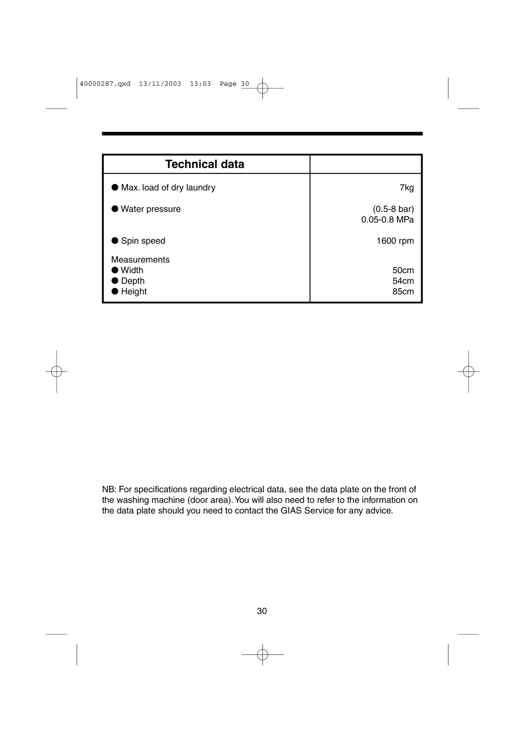 Hoover HF7 160E manual Technical data 