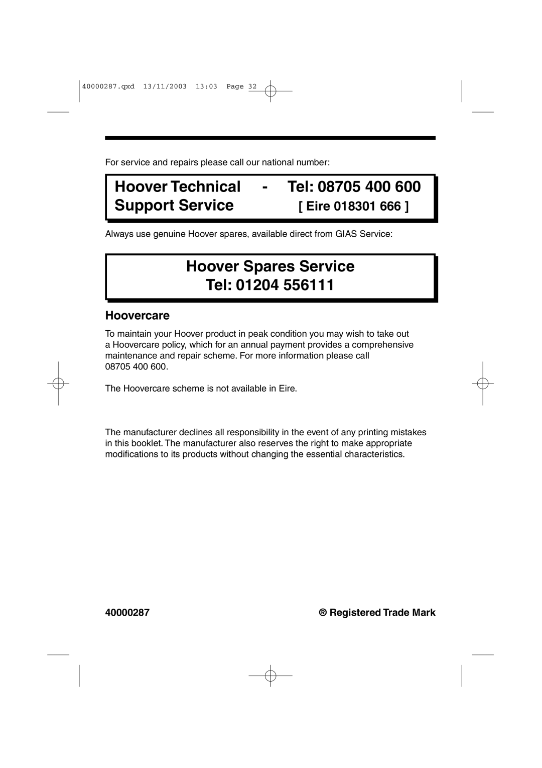 Hoover HF7 160E manual Hoovercare, Registered Trade Mark 