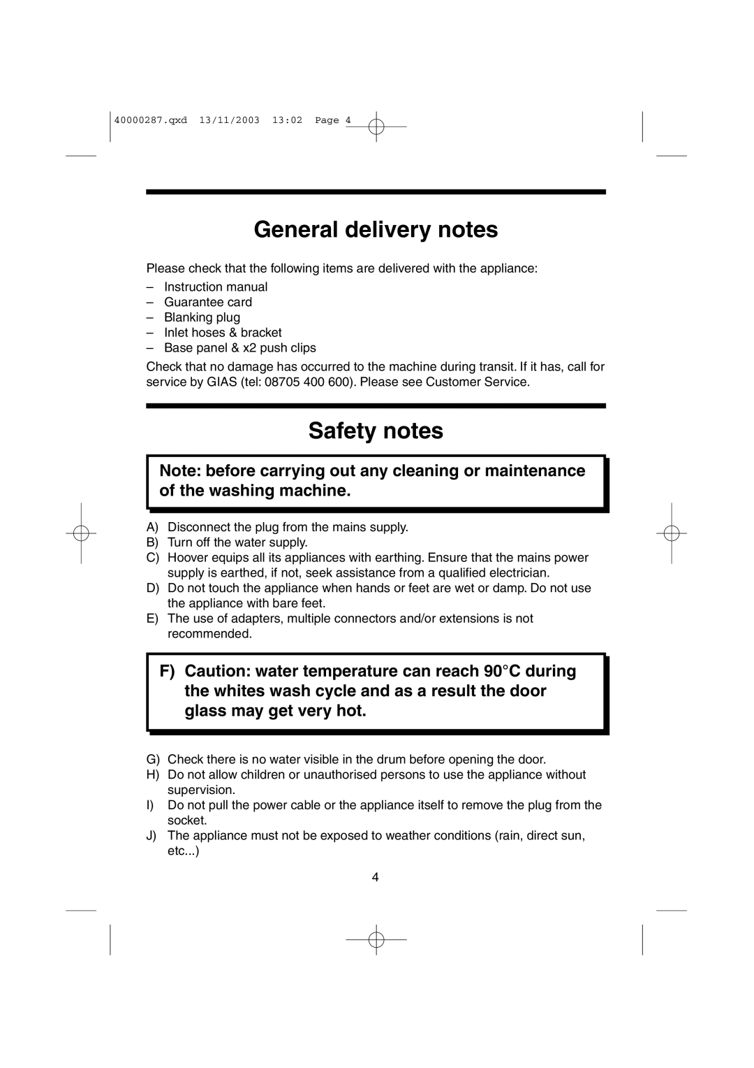 Hoover HF7 160E manual General delivery notes, Safety notes 